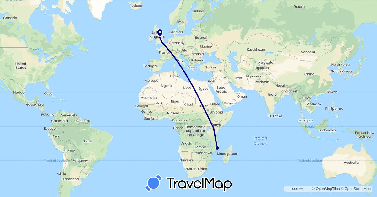 TravelMap itinerary: driving in United Kingdom, Kenya, Mozambique (Africa, Europe)